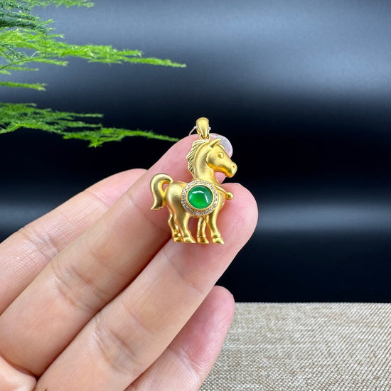 RealJade®  12 Zodiac: 18k Yellow Gold Horse Pendant Necklace with Green Imperial Jade & Diamonds
