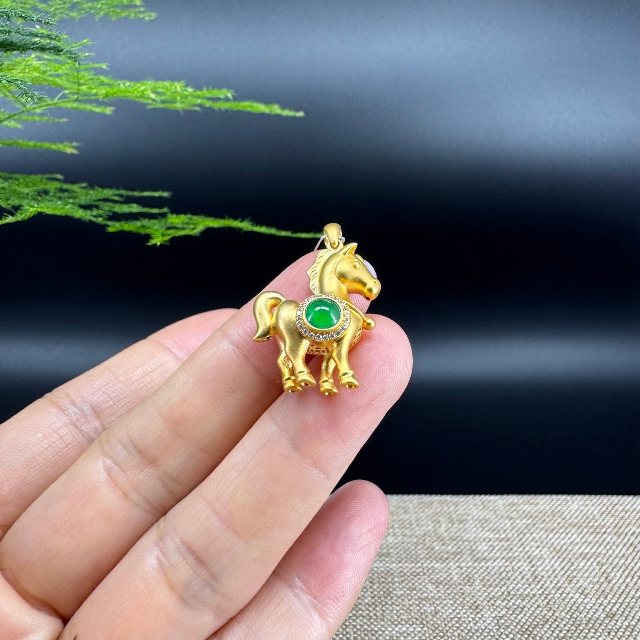 RealJade®  12 Zodiac: 18k Yellow Gold Horse Pendant Necklace with Green Imperial Jade & Diamonds