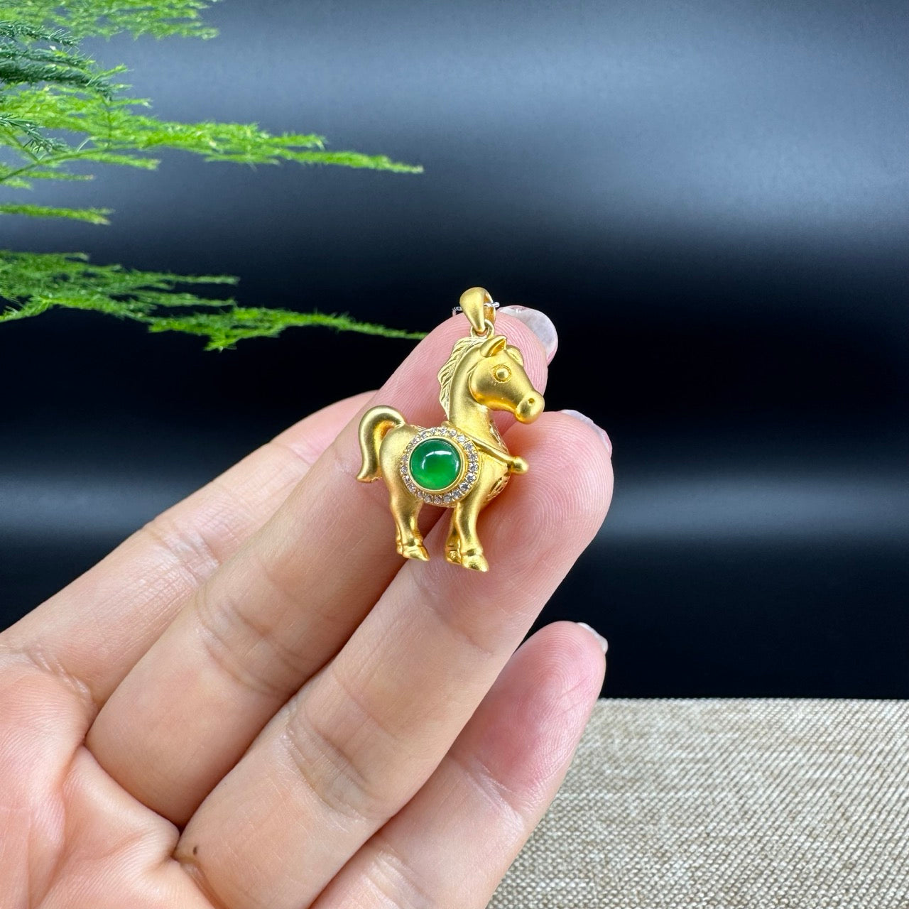 RealJade®  12 Zodiac: 18k Yellow Gold Horse Pendant Necklace with Green Imperial Jade & Diamonds