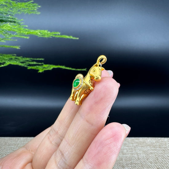RealJade®  12 Zodiac: 18k Yellow Gold Horse Pendant Necklace with Green Imperial Jade & Diamonds