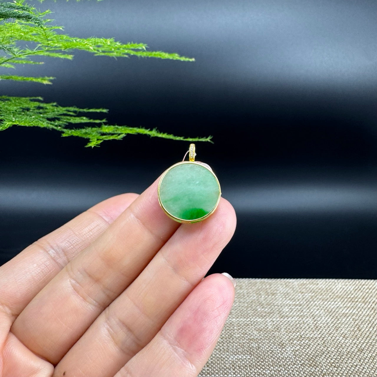 "Good Luck Button"Green Jadeite Jade Lucky KouKou Pendant With 18K Yellow Gold  Bail