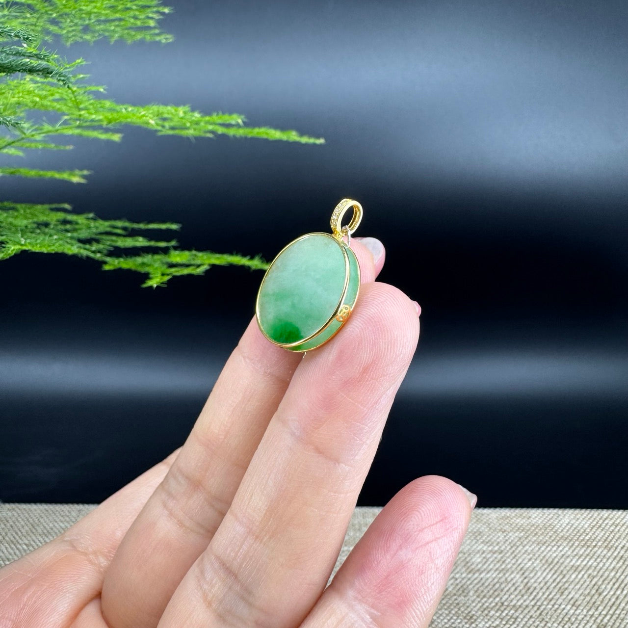 "Good Luck Button"Green Jadeite Jade Lucky KouKou Pendant With 18K Yellow Gold  Bail