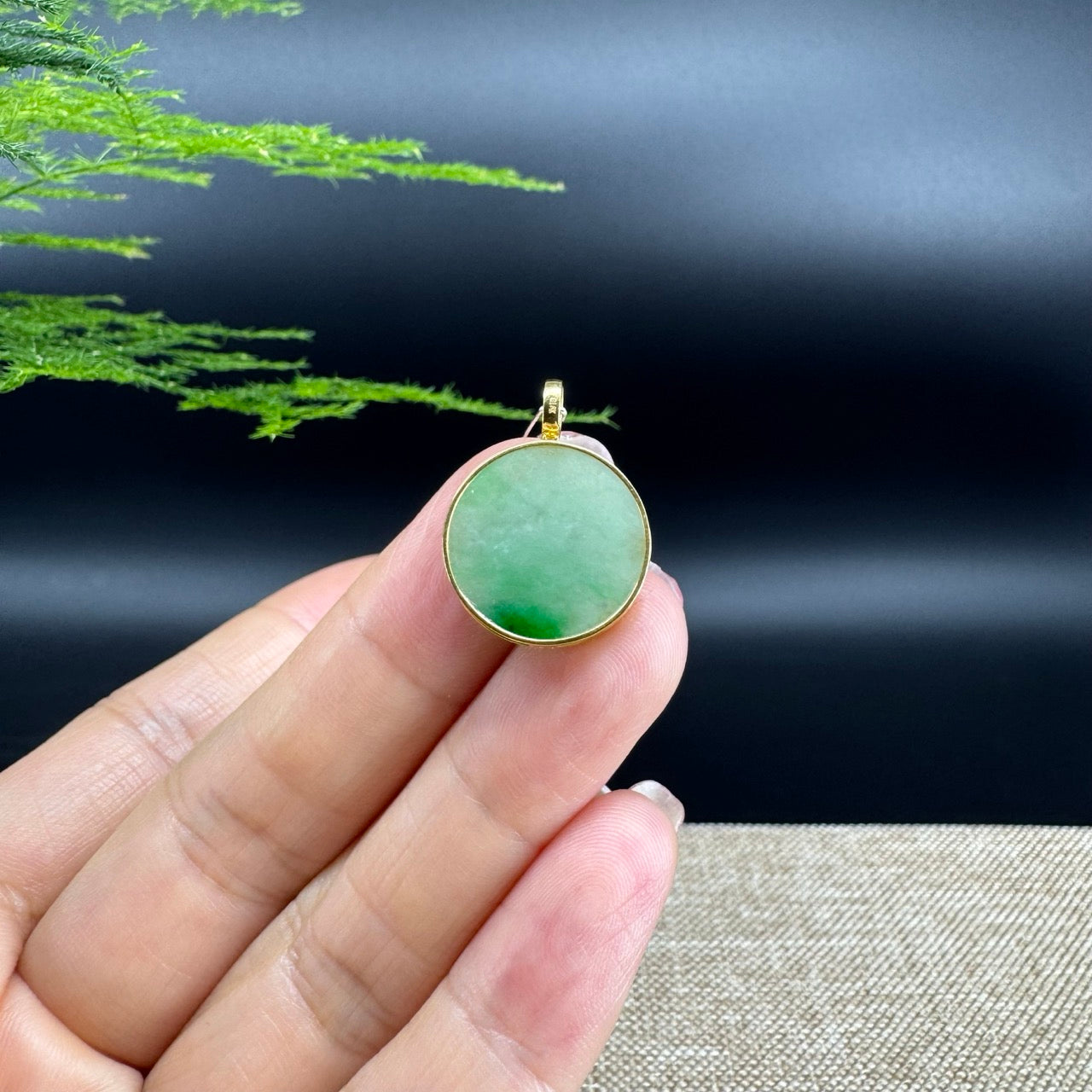 "Good Luck Button"Green Jadeite Jade Lucky KouKou Pendant With 18K Yellow Gold  Bail