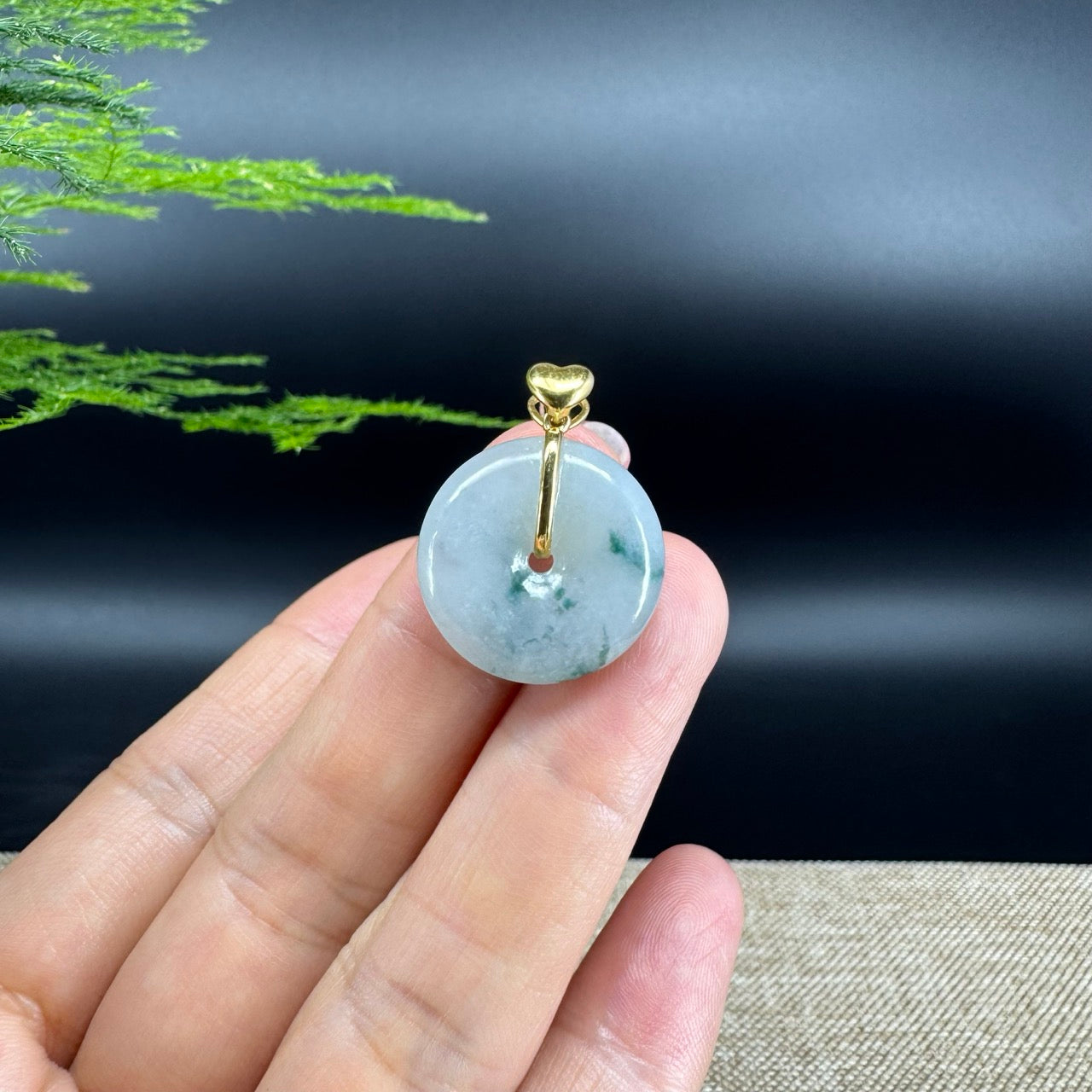 "Good Luck Button" Blue Green Jadeite Jade Lucky KouKou Pendant With 18K Yellow Gold Bail