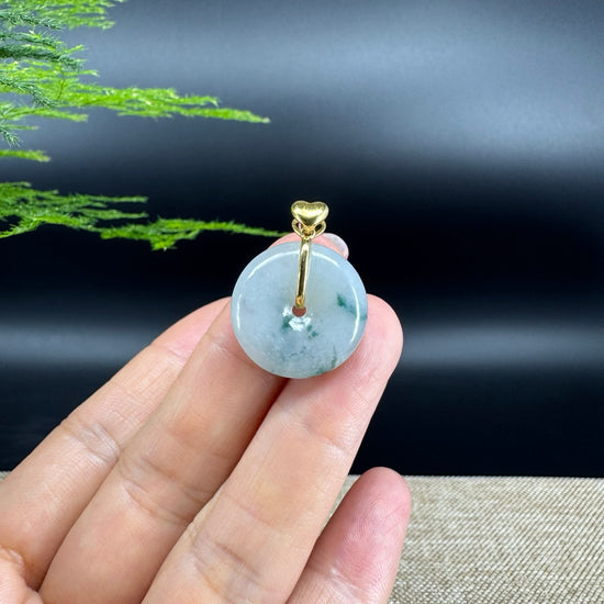 "Good Luck Button" Blue Green Jadeite Jade Lucky KouKou Pendant With 18K Yellow Gold Bail