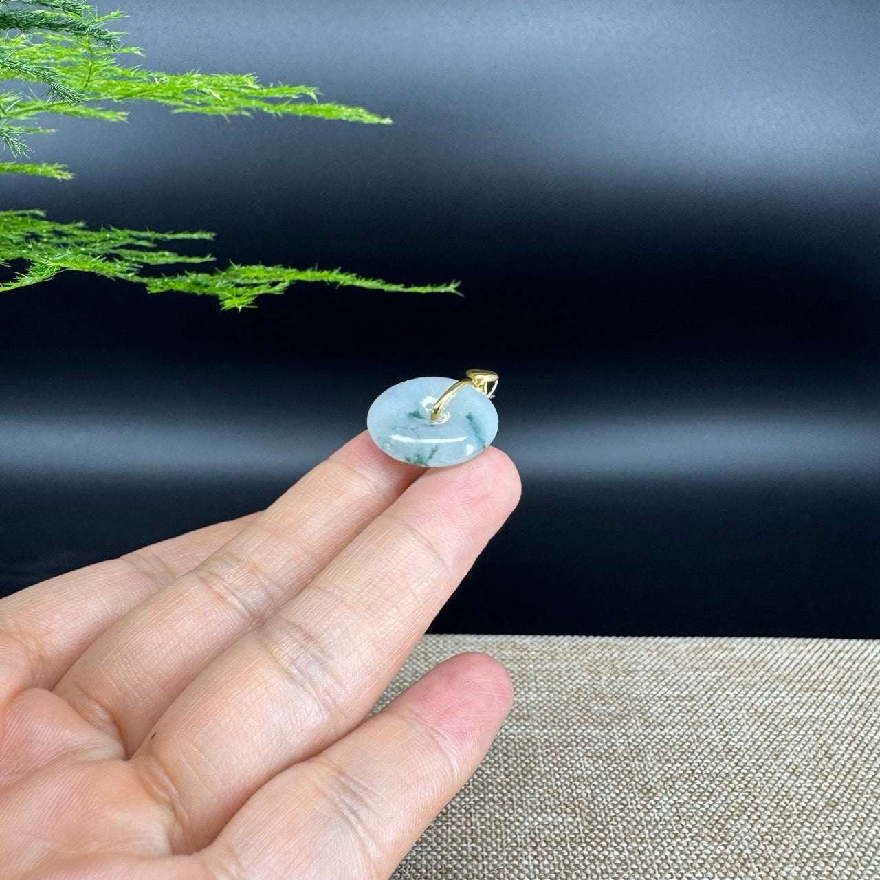 "Good Luck Button" Blue Green Jadeite Jade Lucky KouKou Pendant With 18K Yellow Gold Bail