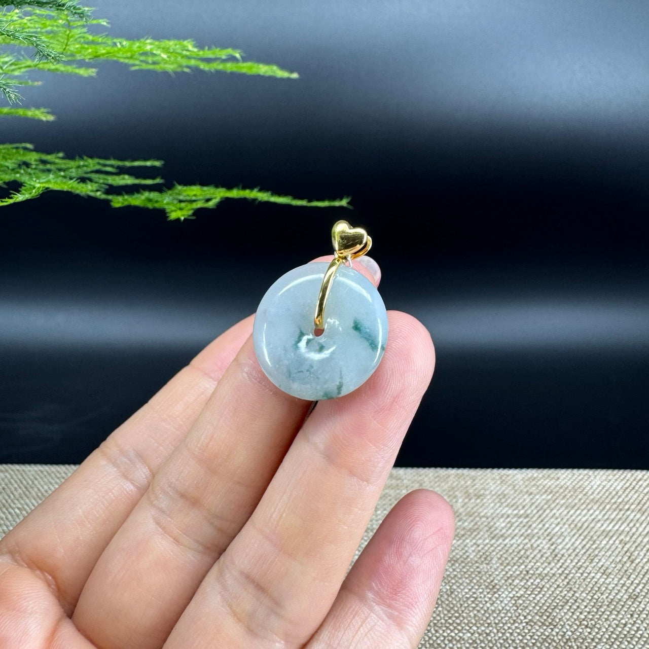 "Good Luck Button" Blue Green Jadeite Jade Lucky KouKou Pendant With 18K Yellow Gold Bail