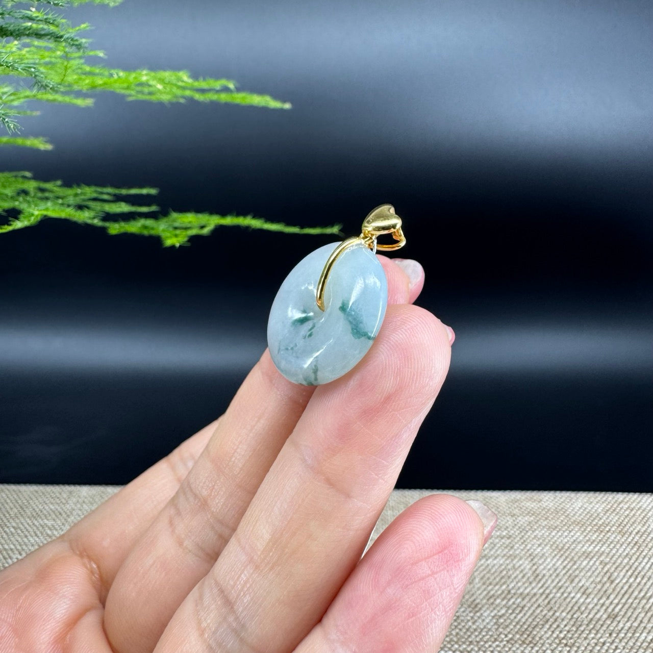 "Good Luck Button" Blue Green Jadeite Jade Lucky KouKou Pendant With 18K Yellow Gold Bail