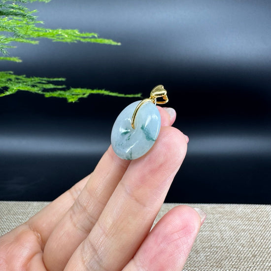 "Good Luck Button" Blue Green Jadeite Jade Lucky KouKou Pendant With 18K Yellow Gold Bail