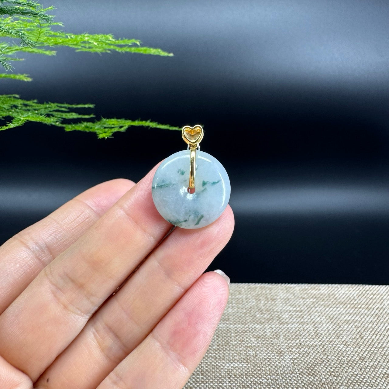 "Good Luck Button" Blue Green Jadeite Jade Lucky KouKou Pendant With 18K Yellow Gold Bail