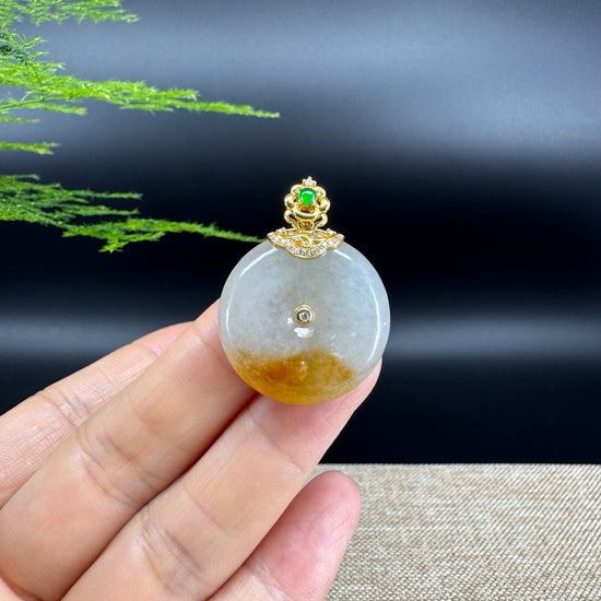 "Good Luck Button"Icy Bronze Yellow Jadeite Jade Lucky KouKou Pendant With 18K Yellow Gold Diamonds Bail