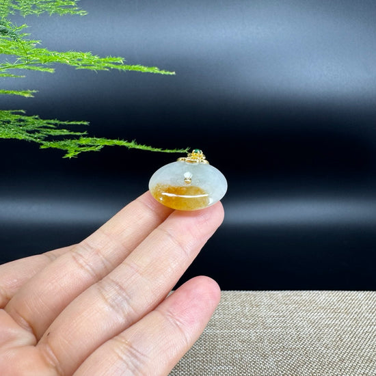 "Good Luck Button"Icy Bronze Yellow Jadeite Jade Lucky KouKou Pendant With 18K Yellow Gold Diamonds Bail