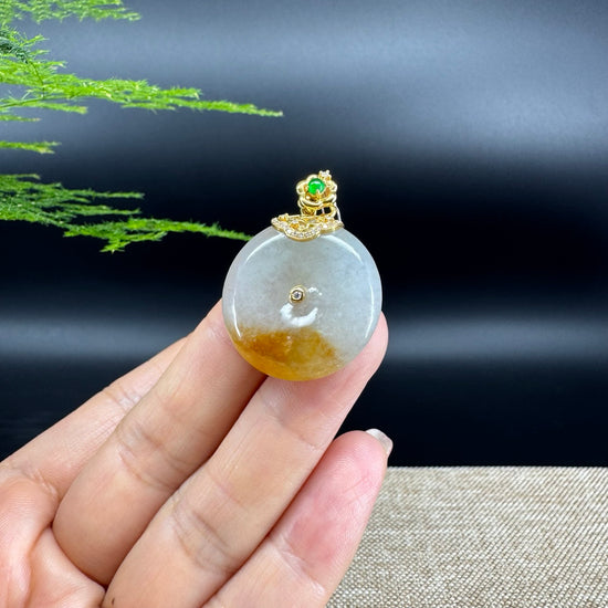 "Good Luck Button"Icy Bronze Yellow Jadeite Jade Lucky KouKou Pendant With 18K Yellow Gold Diamonds Bail