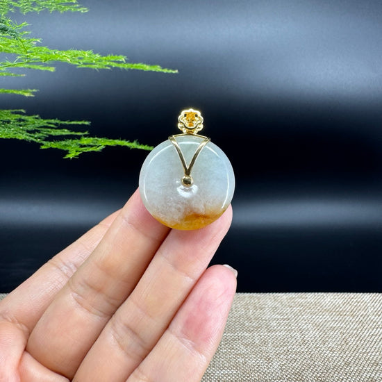 "Good Luck Button"Icy Bronze Yellow Jadeite Jade Lucky KouKou Pendant With 18K Yellow Gold Diamonds Bail