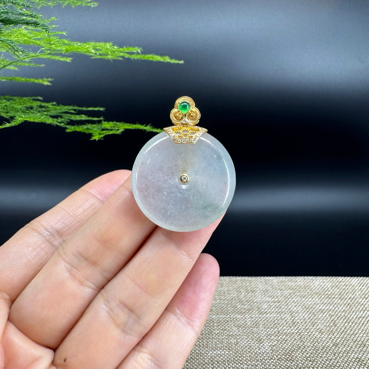 "Good Luck Button" Icy Green Jadeite Jade Lucky KouKou Pendant With 18K Yellow Gold Diamonds Bail