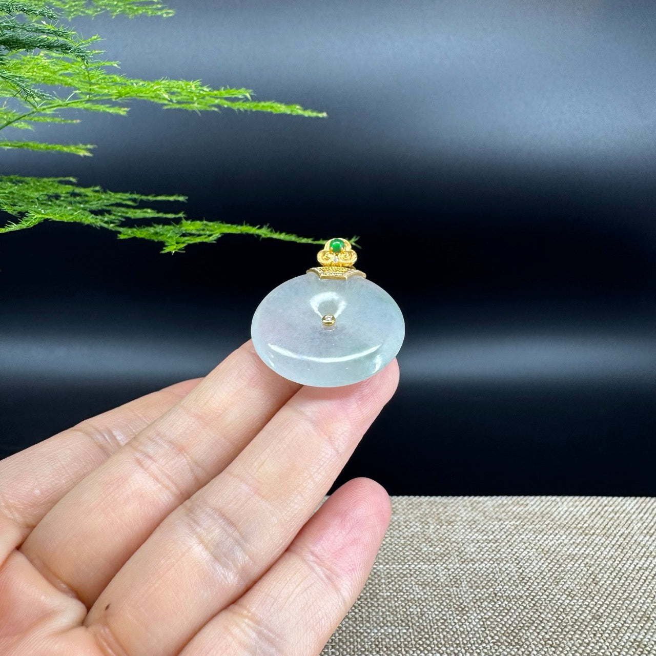 "Good Luck Button" Icy Green Jadeite Jade Lucky KouKou Pendant With 18K Yellow Gold Diamonds Bail