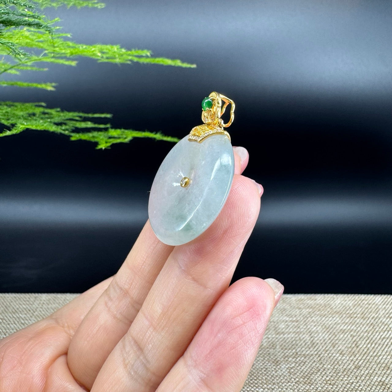 "Good Luck Button" Icy Green Jadeite Jade Lucky KouKou Pendant With 18K Yellow Gold Diamonds Bail