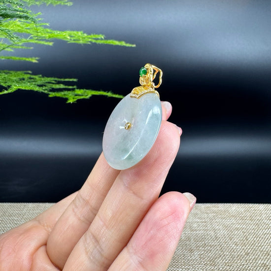 "Good Luck Button" Icy Green Jadeite Jade Lucky KouKou Pendant With 18K Yellow Gold Diamonds Bail