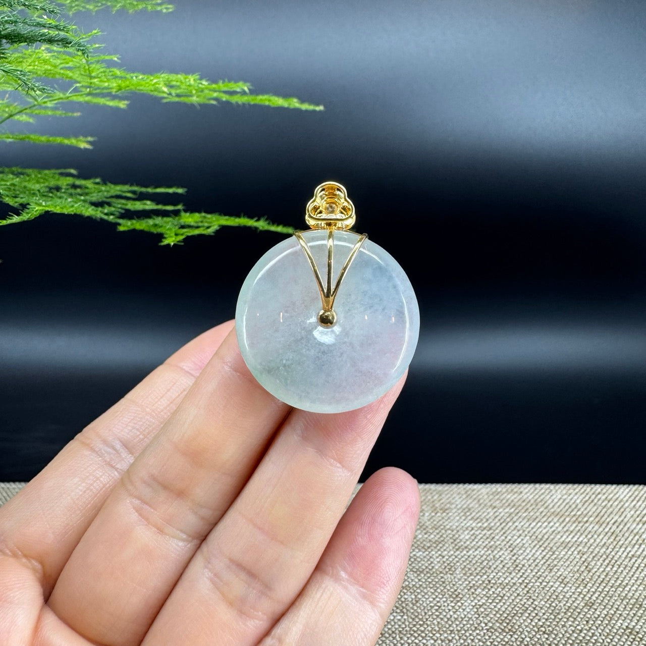 "Good Luck Button" Icy Green Jadeite Jade Lucky KouKou Pendant With 18K Yellow Gold Diamonds Bail