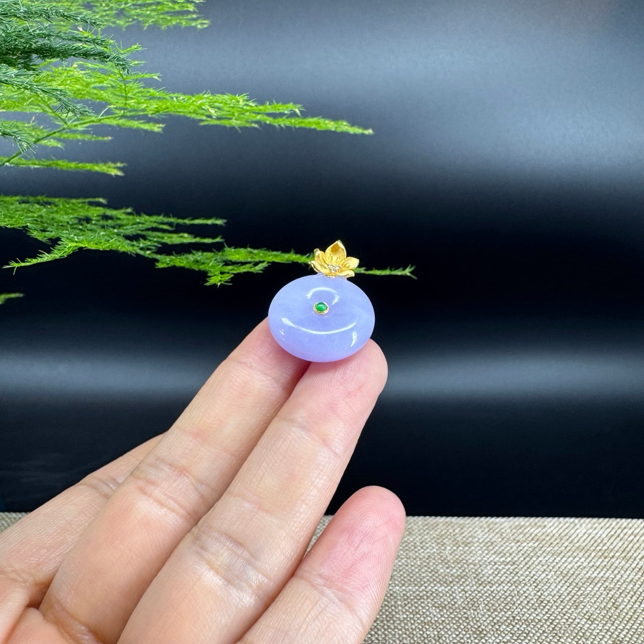 "Good Luck Button"Lavender Jadeite Jade Lucky KouKou Pendant With 18K Yellow Gold Bail