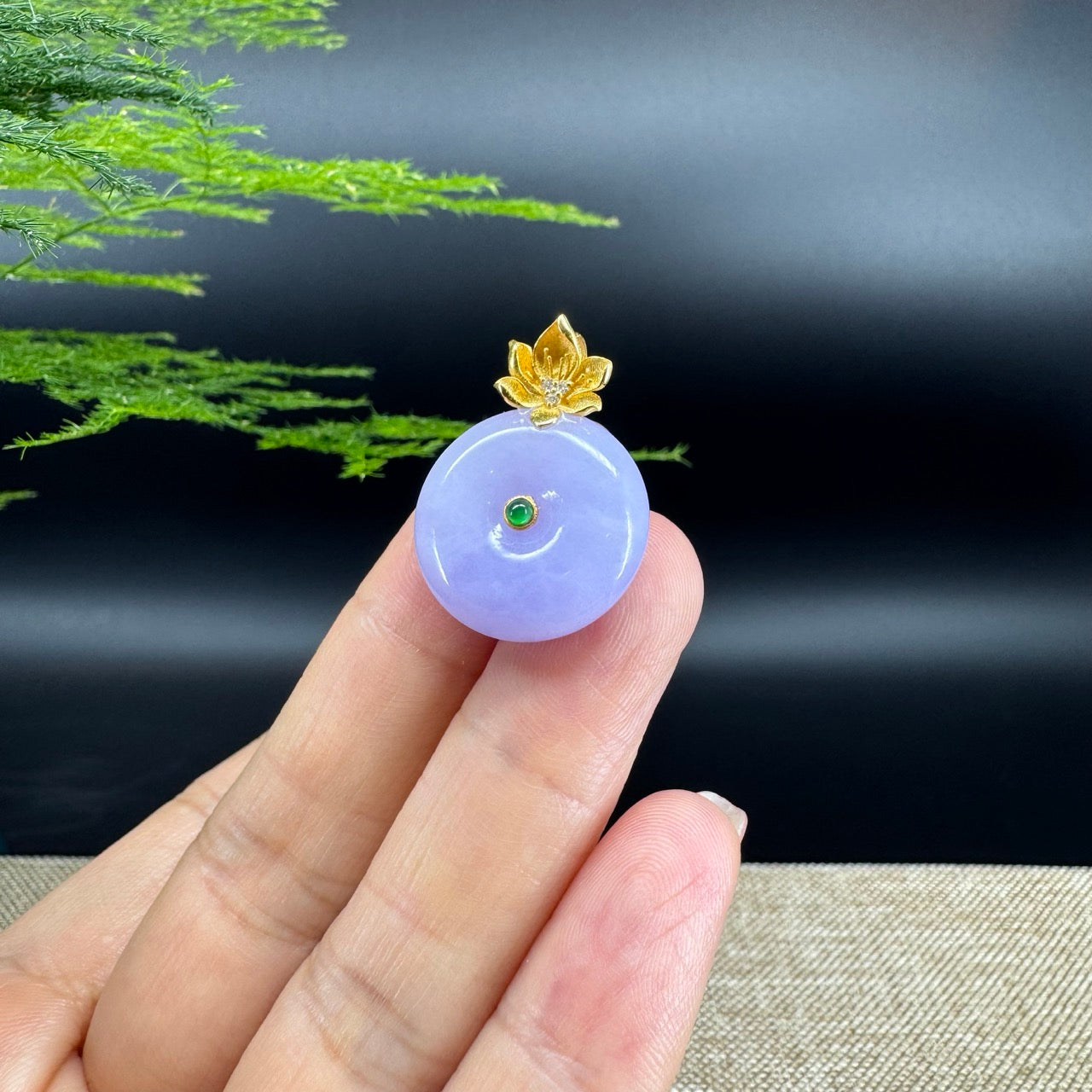 "Good Luck Button"Lavender Jadeite Jade Lucky KouKou Pendant With 18K Yellow Gold Bail