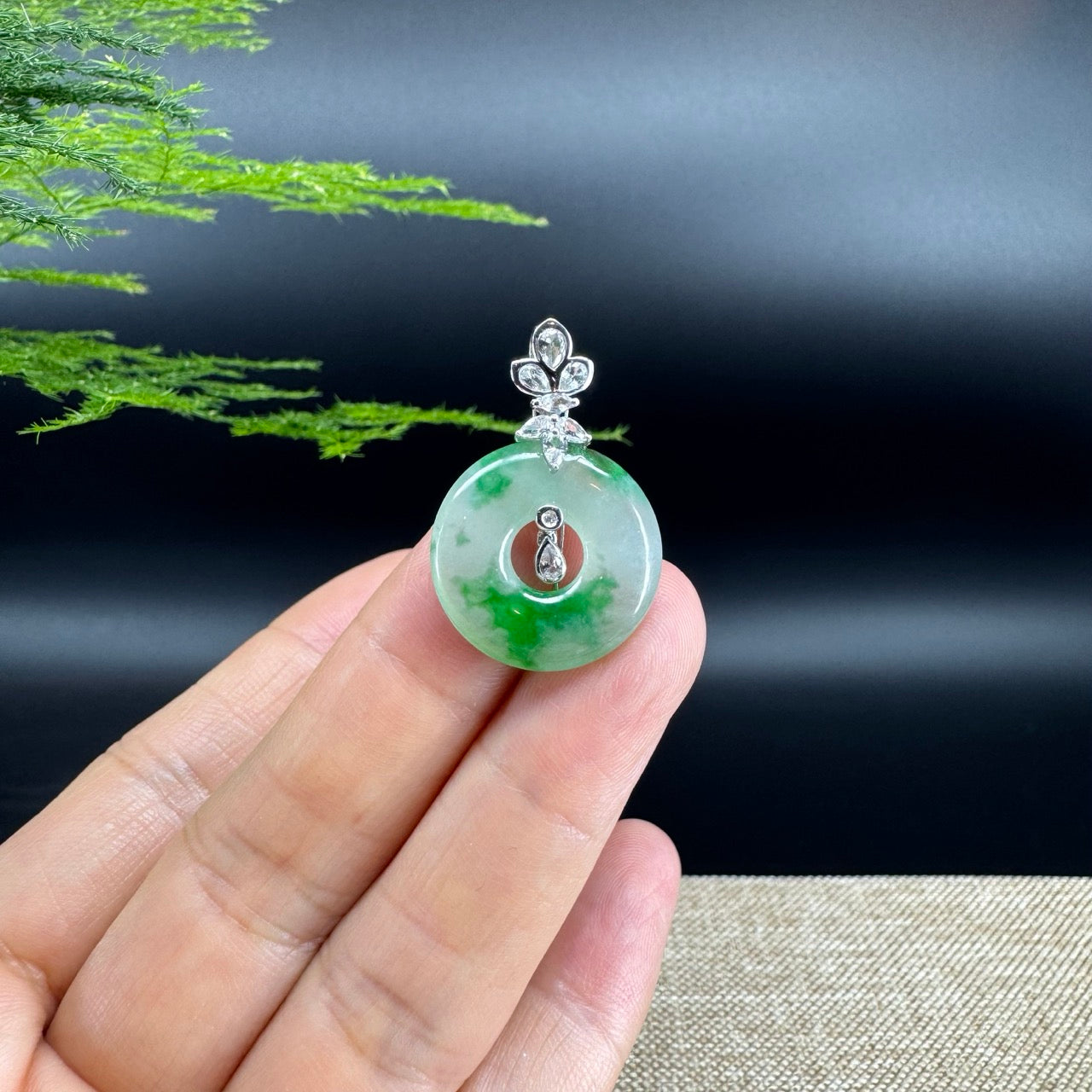 "Good Luck Button" Icy Green Jadeite Jade Lucky KouKou Pendant With 18K White Gold Diamond Bail