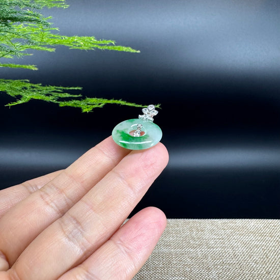"Good Luck Button" Icy Green Jadeite Jade Lucky KouKou Pendant With 18K White Gold Diamond Bail