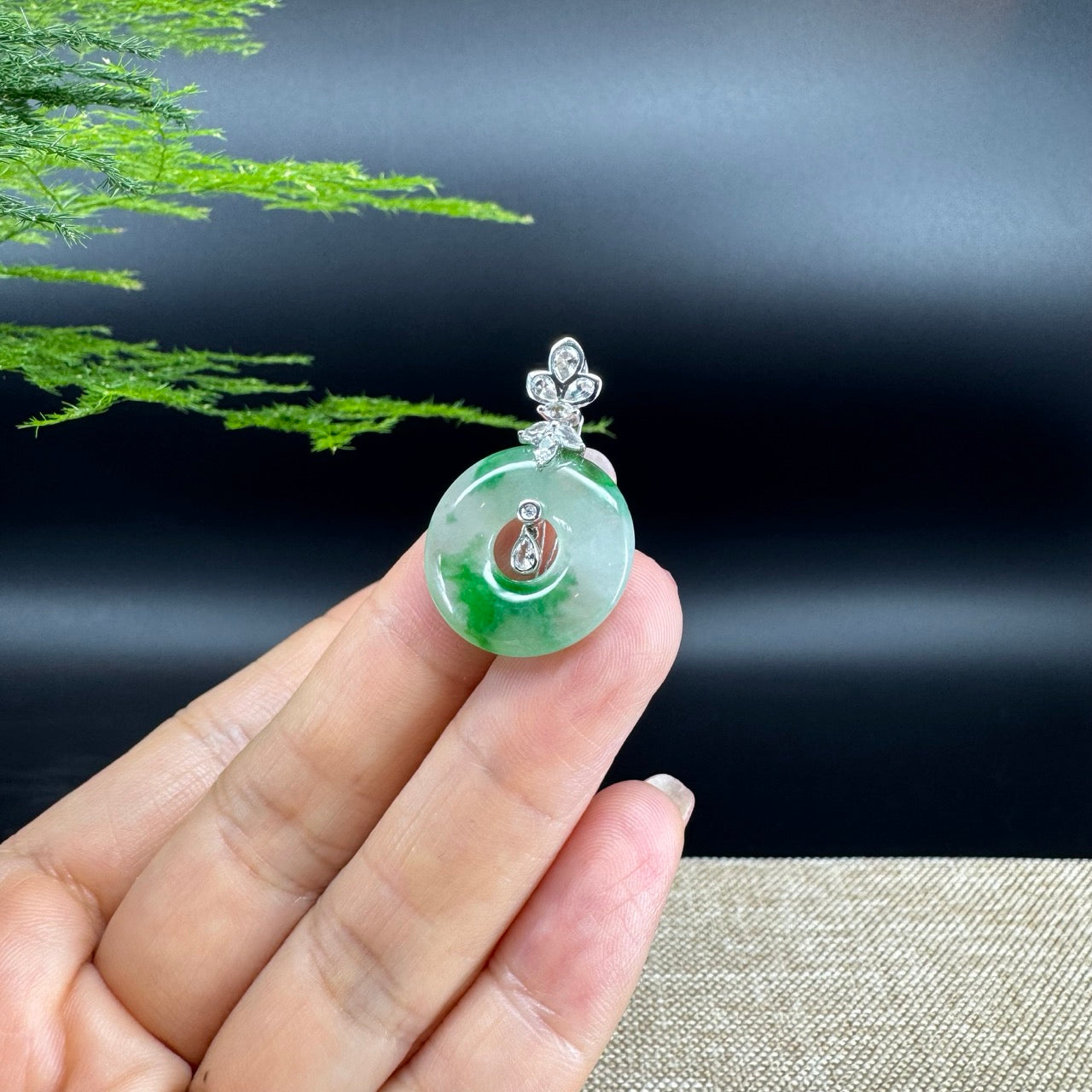 "Good Luck Button" Icy Green Jadeite Jade Lucky KouKou Pendant With 18K White Gold Diamond Bail
