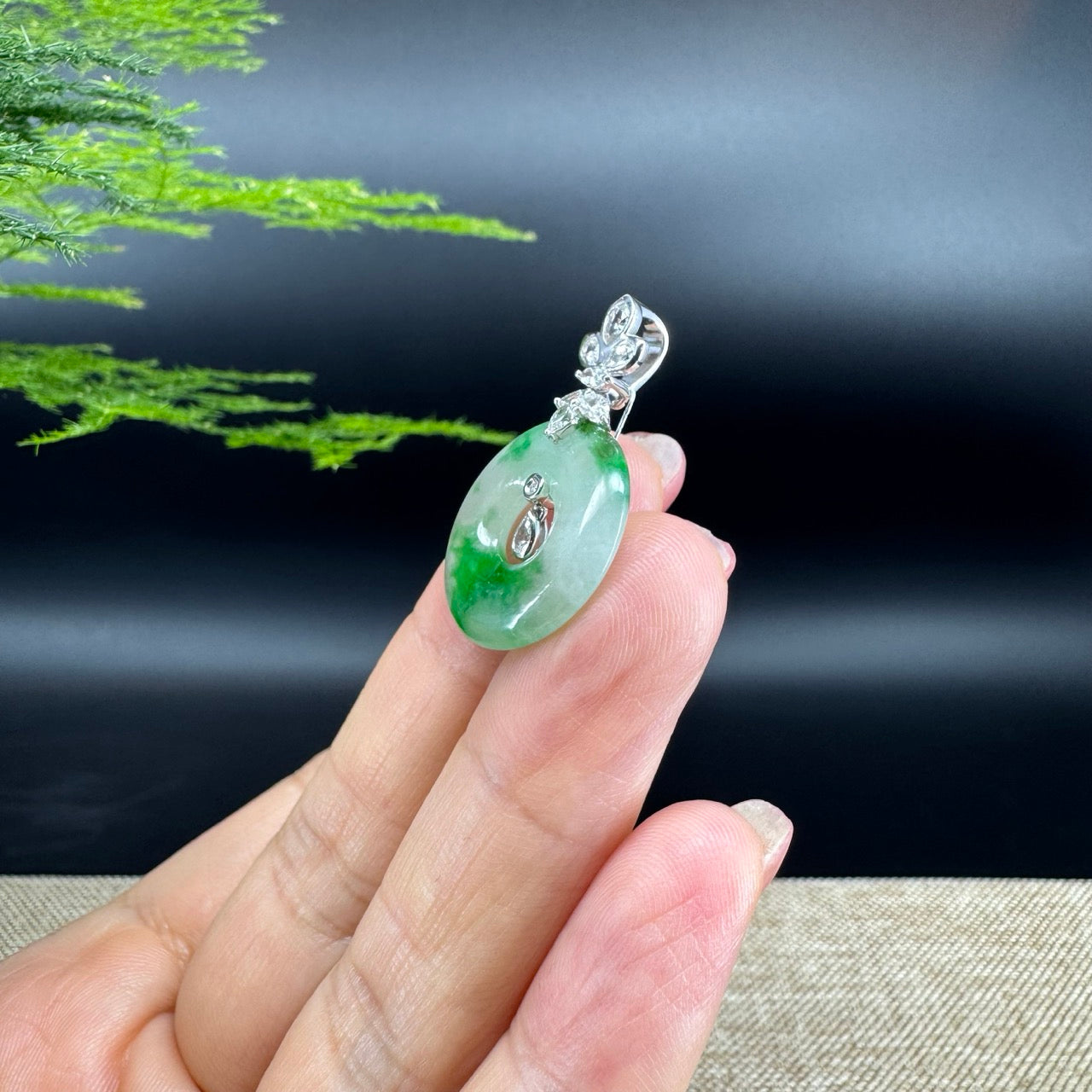 "Good Luck Button" Icy Green Jadeite Jade Lucky KouKou Pendant With 18K White Gold Diamond Bail