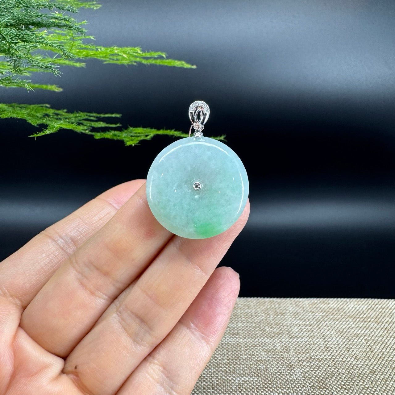 "Good Luck Button" Green Jadeite Jade Lucky KouKou Pendant With 18K White Gold Diamonds Bail