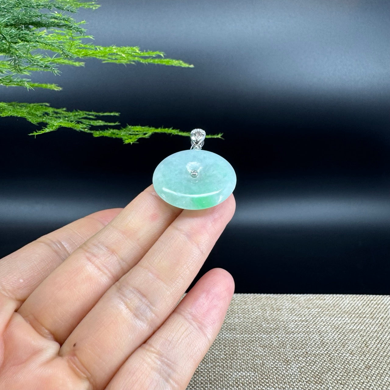 "Good Luck Button" Green Jadeite Jade Lucky KouKou Pendant With 18K White Gold Diamonds Bail