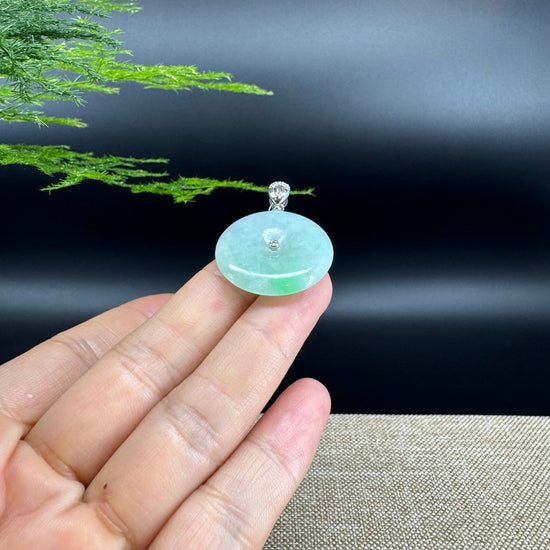 "Good Luck Button" Green Jadeite Jade Lucky KouKou Pendant With 18K White Gold Diamonds Bail