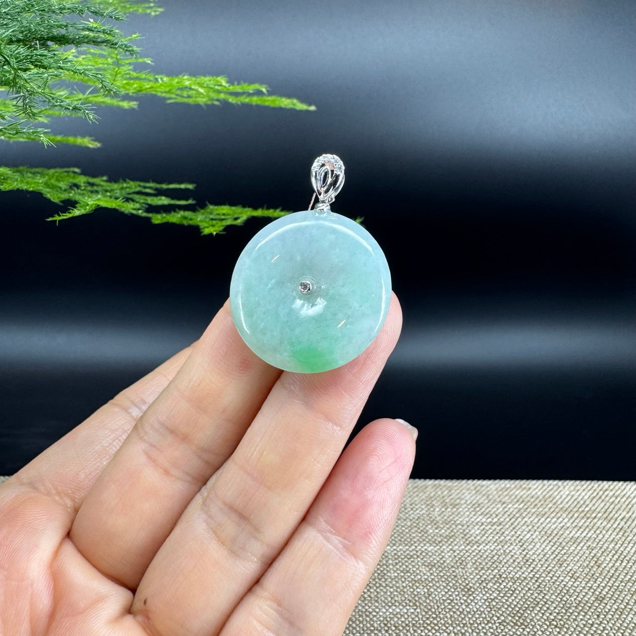 "Good Luck Button" Green Jadeite Jade Lucky KouKou Pendant With 18K White Gold Diamonds Bail