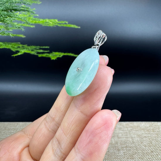 "Good Luck Button" Green Jadeite Jade Lucky KouKou Pendant With 18K White Gold Diamonds Bail