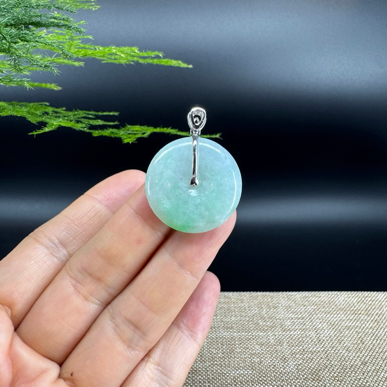 "Good Luck Button" Green Jadeite Jade Lucky KouKou Pendant With 18K White Gold Diamonds Bail