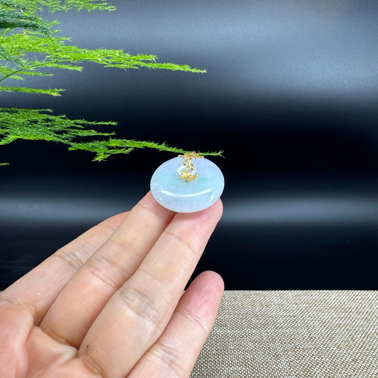 "Good Luck Button" Ice Green Jadeite Jade Lucky KouKou Pendant With 18K Yellow Gold Bail