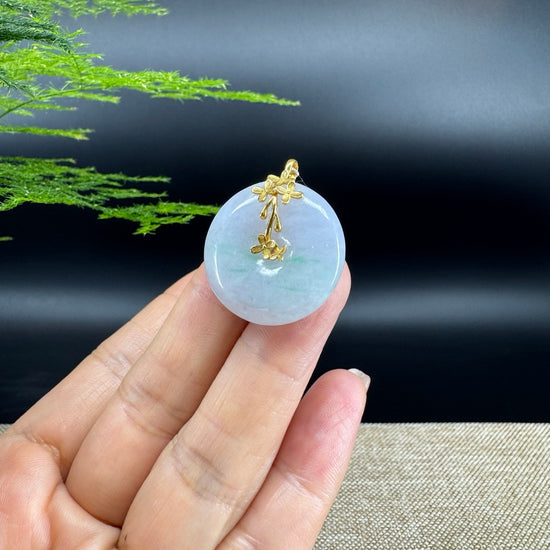 "Good Luck Button" Ice Green Jadeite Jade Lucky KouKou Pendant With 18K Yellow Gold Bail