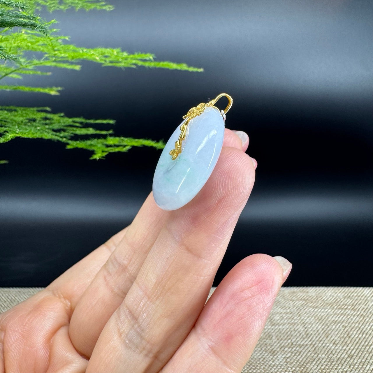 "Good Luck Button" Ice Green Jadeite Jade Lucky KouKou Pendant With 18K Yellow Gold Bail