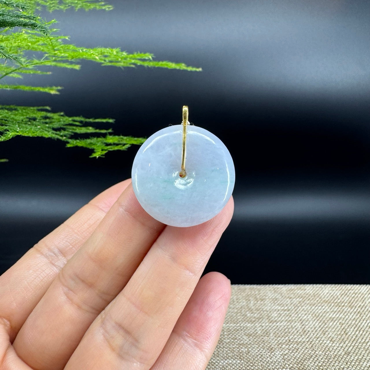 "Good Luck Button" Ice Green Jadeite Jade Lucky KouKou Pendant With 18K Yellow Gold Bail