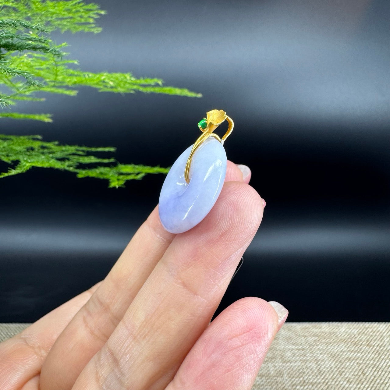 "Good Luck Button" Lavender Jadeite Jade Lucky KouKou Pendant With 18K Yellow Gold Bail