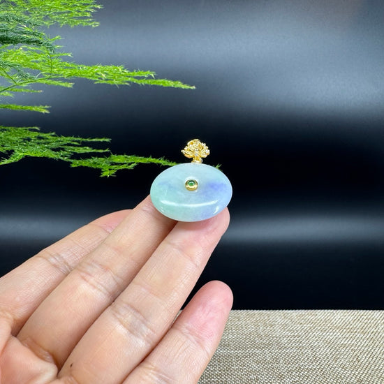 "Good Luck Button"Lavender Green Jadeite Jade Lucky KouKou Pendant With 18K Yellow Gold Bail