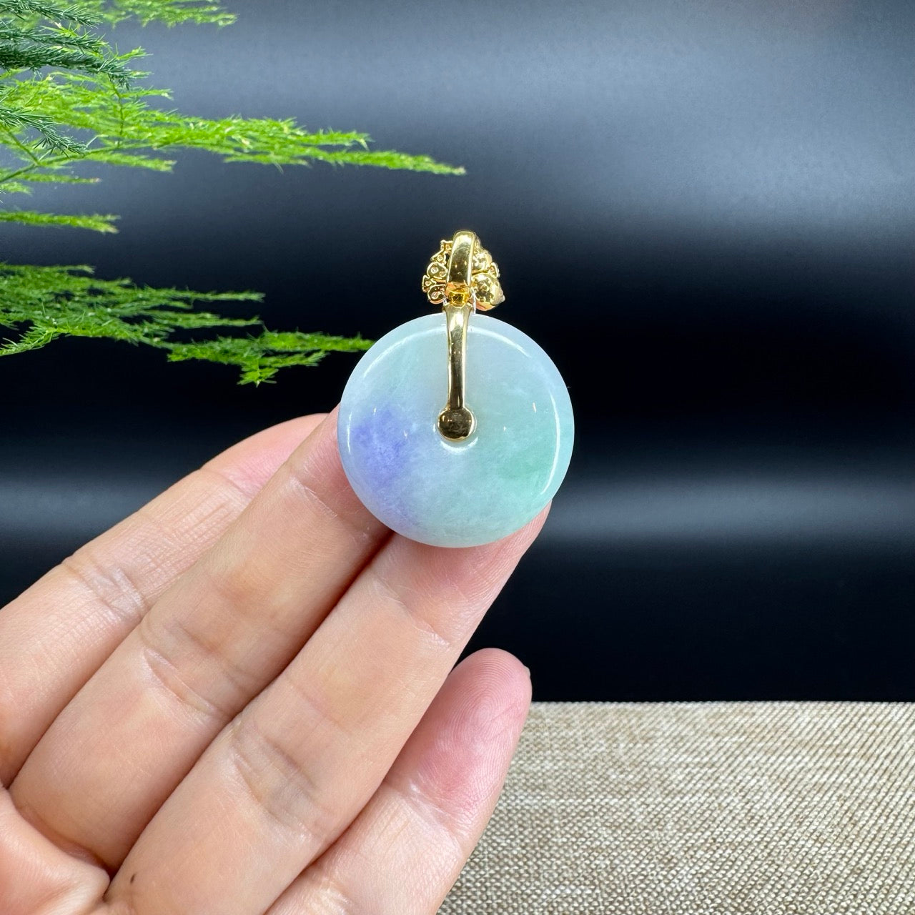 "Good Luck Button"Lavender Green Jadeite Jade Lucky KouKou Pendant With 18K Yellow Gold Bail