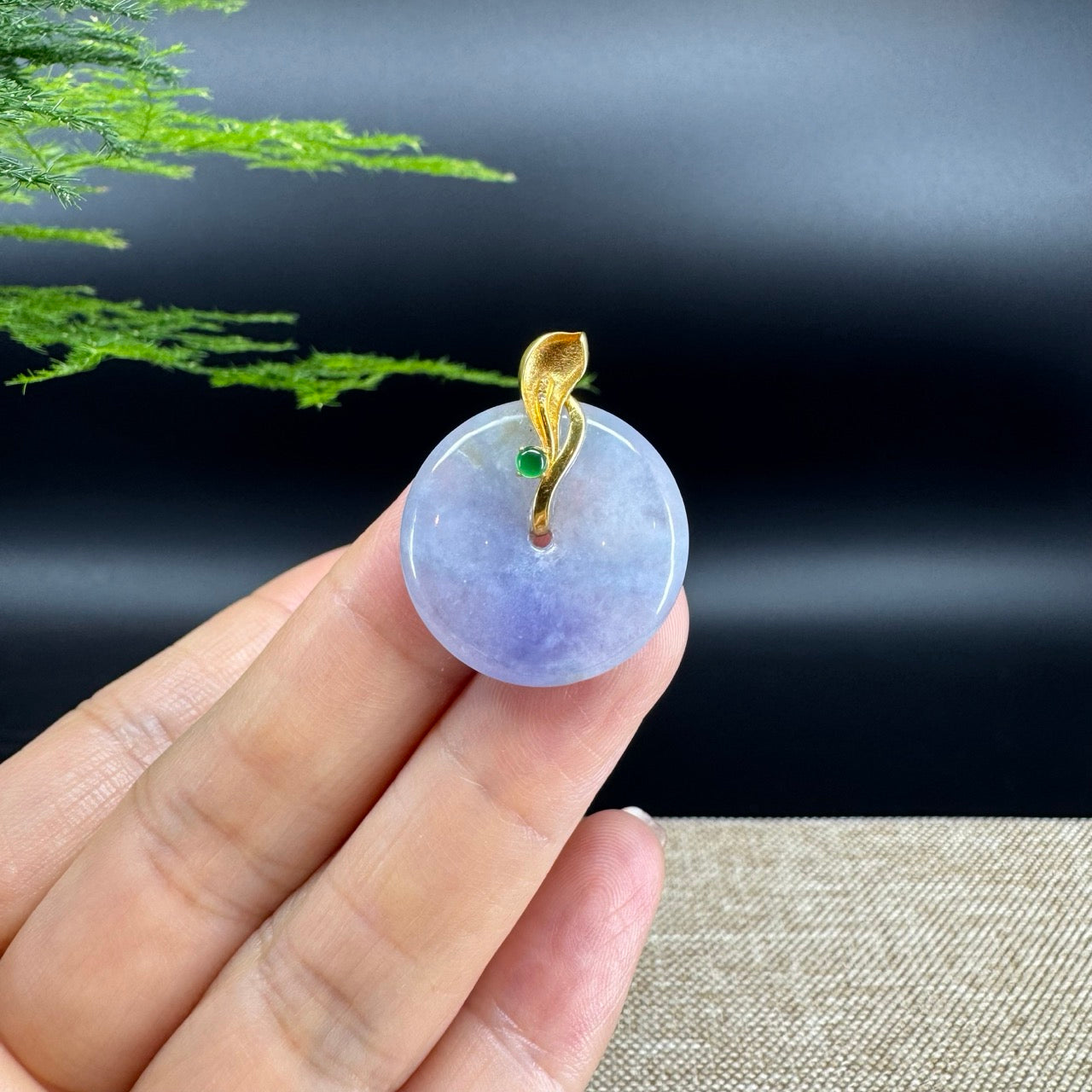 "Good Luck Button" Icy Lavender Jadeite Jade Lucky KouKou Pendant With 18K Yellow Gold  Bail