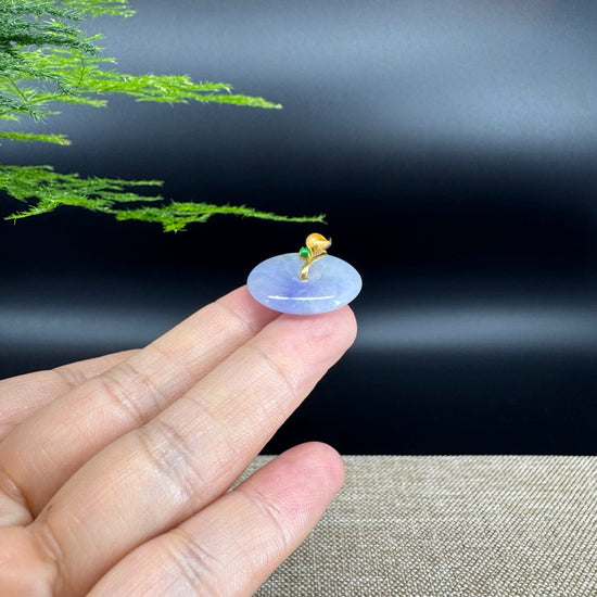 "Good Luck Button" Icy Lavender Jadeite Jade Lucky KouKou Pendant With 18K Yellow Gold  Bail