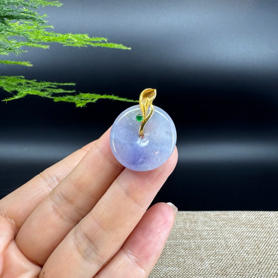 "Good Luck Button" Icy Lavender Jadeite Jade Lucky KouKou Pendant With 18K Yellow Gold  Bail