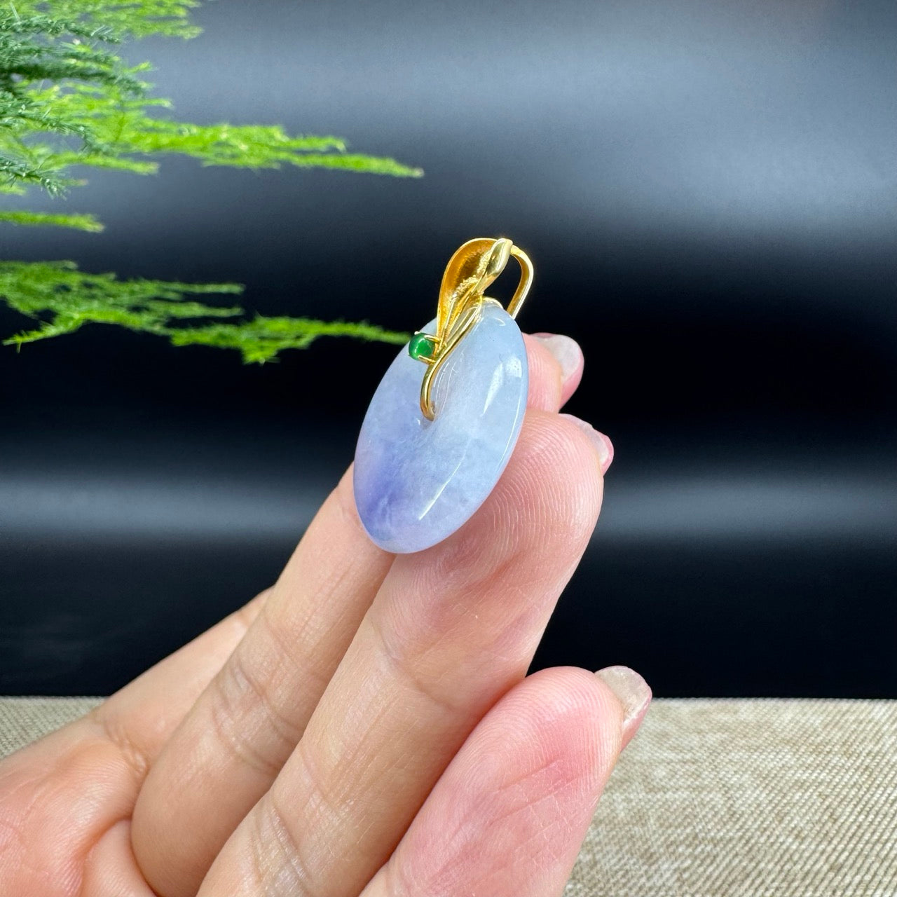 "Good Luck Button" Icy Lavender Jadeite Jade Lucky KouKou Pendant With 18K Yellow Gold  Bail