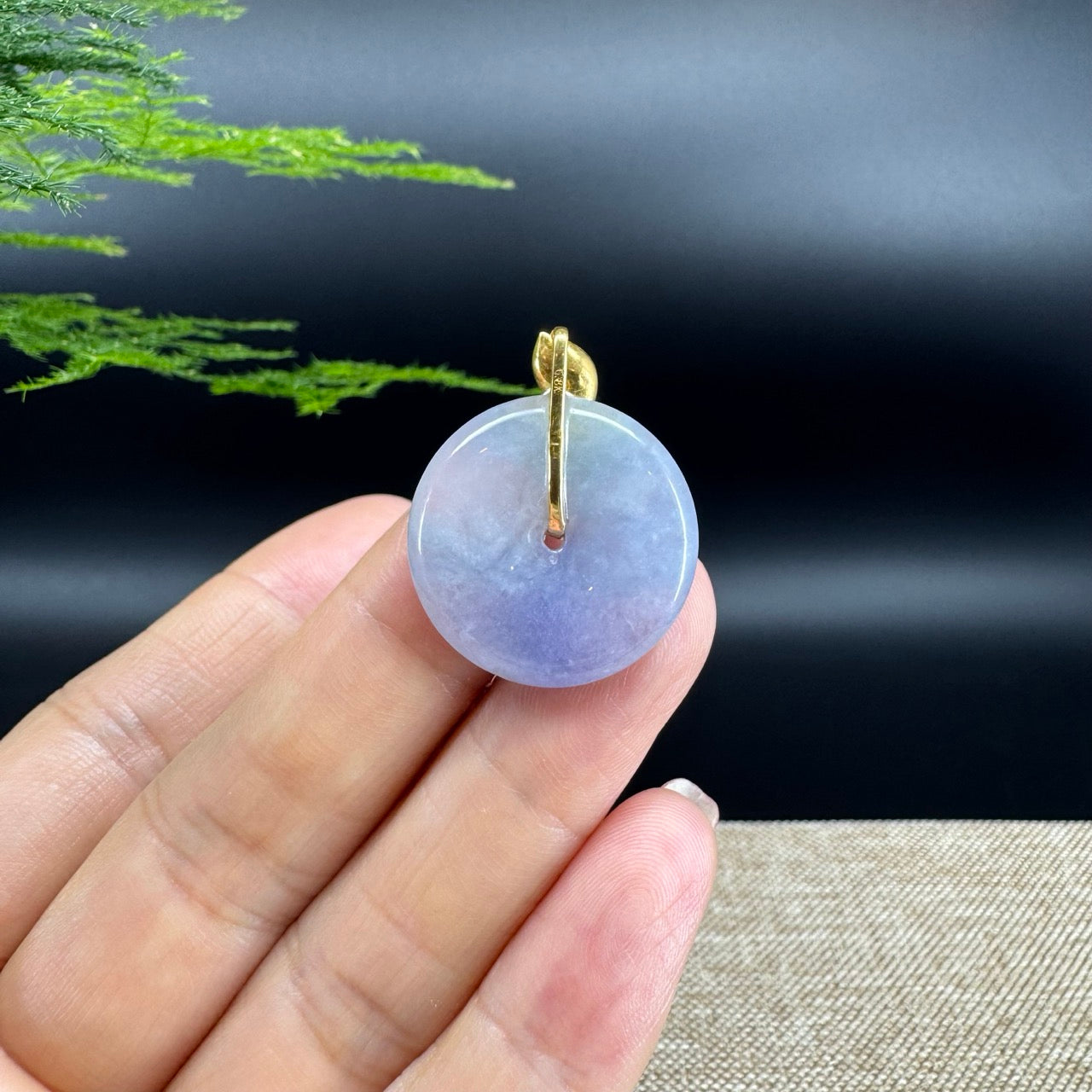 "Good Luck Button" Icy Lavender Jadeite Jade Lucky KouKou Pendant With 18K Yellow Gold  Bail