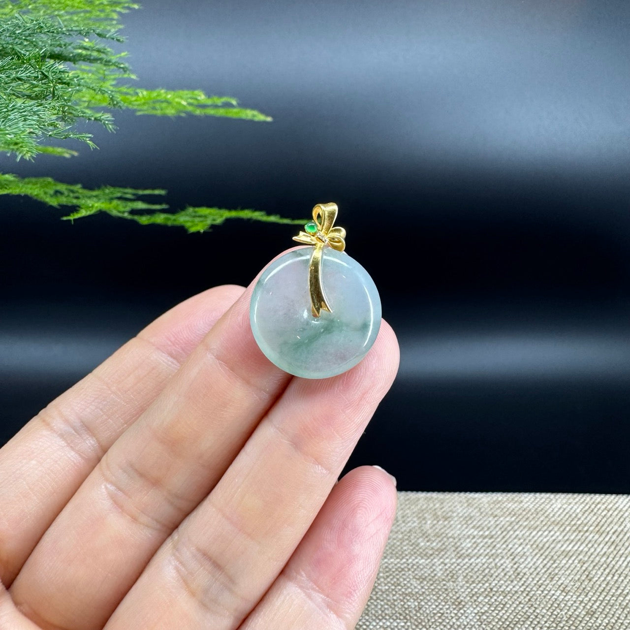 "Good Luck Button"Icy Green Jadeite Jade Lucky KouKou Pendant With 18K Yellow Gold Bail