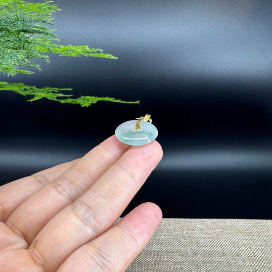 "Good Luck Button"Icy Green Jadeite Jade Lucky KouKou Pendant With 18K Yellow Gold Bail
