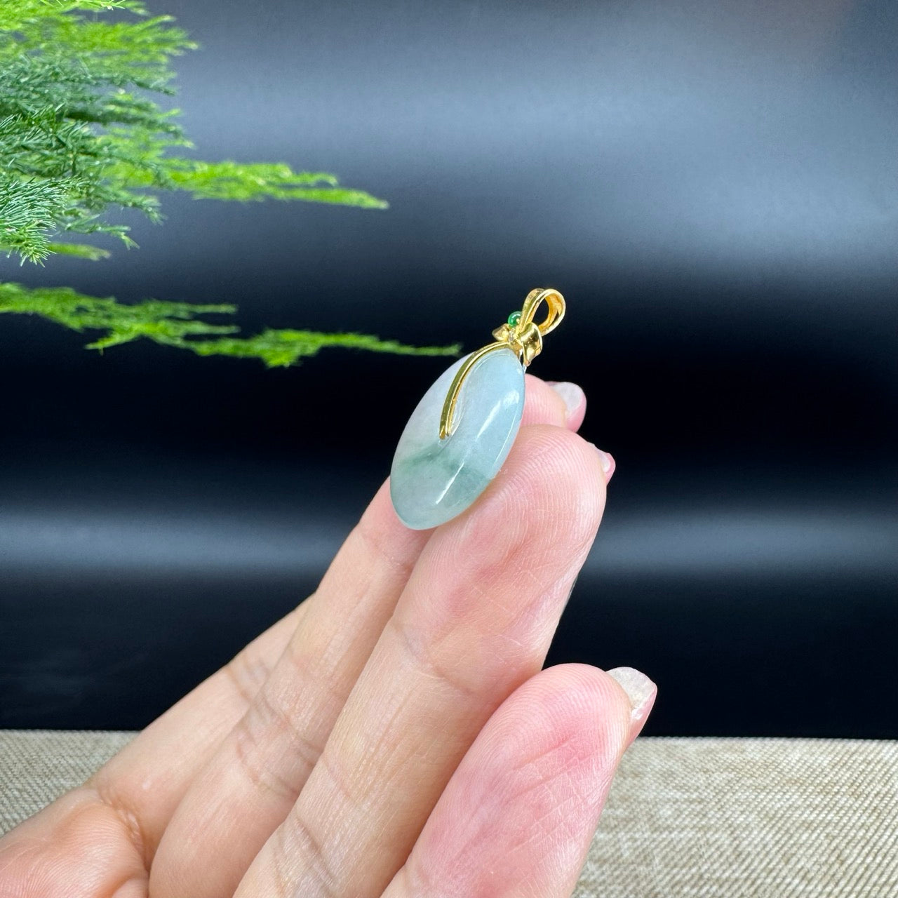 "Good Luck Button"Icy Green Jadeite Jade Lucky KouKou Pendant With 18K Yellow Gold Bail